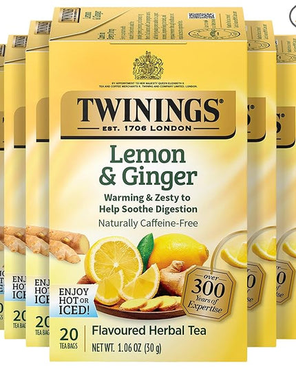 Twinings Lemon & Ginger Herbal Tea Individually Wrapped Bags, 20 Count (Pack of 6), Tangy Lemon, Spicy Ginger, Naturally Caffeine-Free, Enjoy Hot or Iced, 120 Teabags