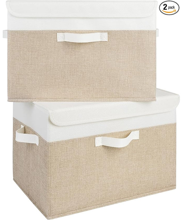 GRANNY SAYS Storage Boxes with Lids, Decorative Storage Bins, Shelf Baskets, Clothes Storage and Organization, White/Khaki, 2-Pack