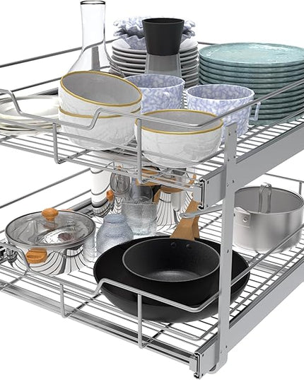 2 Tier Pull Out Cabinet Organizer 20" W X 22" D, Slide Out Drawers For Kitchen Cabinets, Pull Out Drawers For Cabinets Capacity Heavy Duty Caddy, Cabinet Pullout Shelves Chrome-Plated,Bathroom Pantry