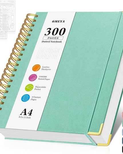 Bullet Dotted Journal Spiral Notebook, 300 Pages Leather Notebooks with Contens, 120 GSM Thick No Bleed Through Paper Journals, A4 Large Dot Grid Notebook for Women Men Work Writing, 8.5" x 11", Green