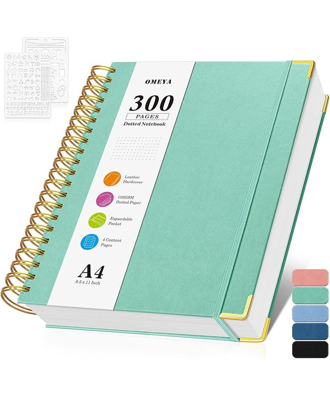 Bullet Dotted Journal Spiral Notebook, 300 Pages Leather Notebooks with Contens, 120 GSM Thick No Bleed Through Paper Journals, A4 Large Dot Grid Notebook for Women Men Work Writing, 8.5" x 11", Green
