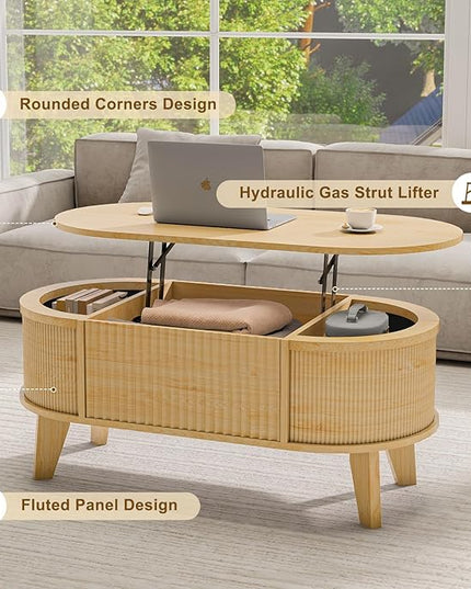LYNCOHOME Fluted Lift Top Coffee Table with Storage,Modern Oval Coffee Table for Living Room Or Home Office（Natural）