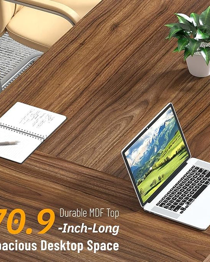 FOLUBAN 70.9" Computer Desk with Z-Shaped Legs, Large PC Desk for Home Office, Industrial Writing Desk, 2 Person Executive Workstation Study Table for Bedroom, Rustic Walnut
