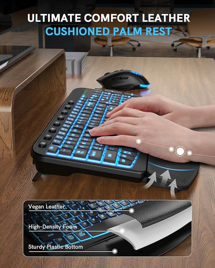 SABLUTE Ergonomic Wireless Keyboard and Mouse Combo - Wave Keyboard with Soft Leather Wrist Rest, Resistant Keys, RGB Backlit Rechargeable Set for PC/Mac/Chromebook (Black)