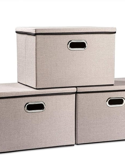 PRANDOM Large Foldable Storage Bins with Lids [3-Pack] linenFabric Decorative Storage Boxes Organizer Containers Baskets Cube with Handles Divider for Bedroom Closet Office Light Grey(17.7x11.8x11.8)
