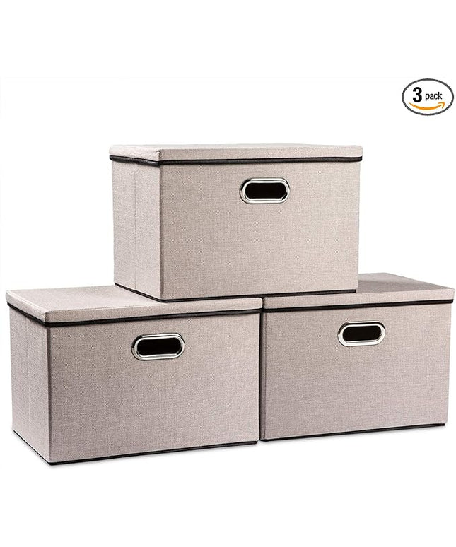 PRANDOM Large Foldable Storage Bins with Lids [3-Pack] linenFabric Decorative Storage Boxes Organizer Containers Baskets Cube with Handles Divider for Bedroom Closet Office Light Grey(17.7x11.8x11.8)