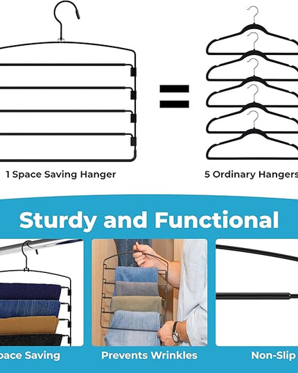 Fontaines Luxury 5 Tier Pants Hangers 4 Pack - Ultra Slim & Space Saving - Heavy Duty Metal Swivel Hook with Swing Arm for Clothing, Jeans, Slacks, Skirts, Leggings & Dress Pant Closet Organization