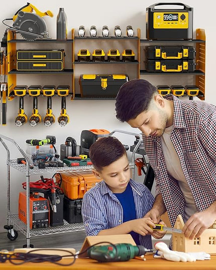 Power Tool Organizer with Charging Station Wall Mount, 3 Layer Expanded Heavy Duty Garage Organization, 45.5 Inch Length Garage Tool Storage, 8 Drills, 2 Assemble Method, Yellow