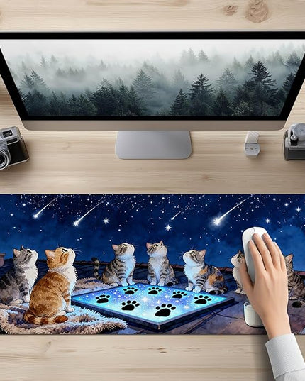 XL Mouse Pad Gaming Mousepad 31.5 x 11.8 Inch Large Keyboard Desktop Mat Diatomite Mouse Pad for Home and Office Desk Accessories with Rooftop Starry Sky Cat Artwork