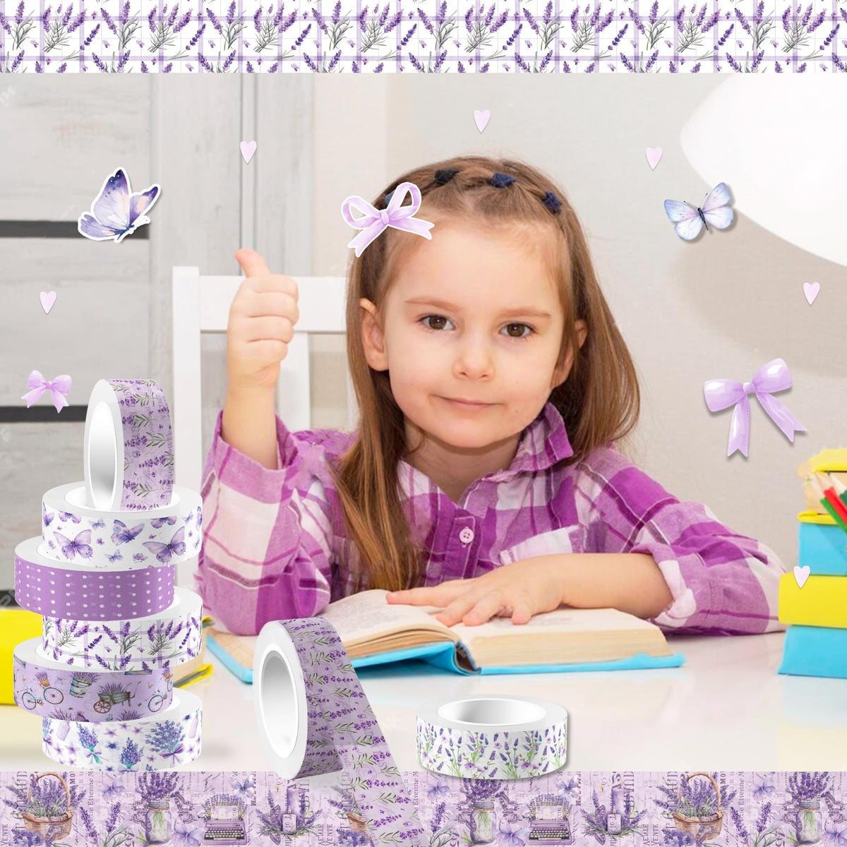 MOZUI Lavender Washi Tape 12 Rolls Lavender Tape Masking Decorative Purple Flower Washi Tape for DIY Craft Gift Wrapping Handbook Sticker Scrapbook Journaling Party Favor