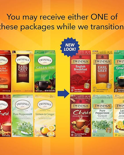 Twinings Variety Pack Tea Bags, 25 Count (Pack of 6) Includes English Breakfast, Earl Grey, Lemon Ginger, Peppermint, Green, and Chai, Enjoy Hot or Iced, 150 Teabags