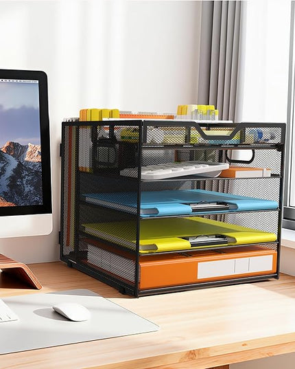 Docnest 5 Tier Letter Tray with Hanging File Organizer-Mesh Desk Organizer-Desktop Storage Box Built in Pen Holder and Handles, File Folder Holder for Mail Documents Office Supplies-Black