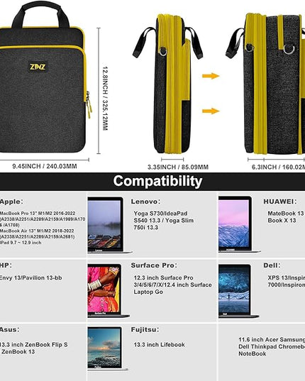 ZINZ 12.3-13 Inch Travel Laptop Shoulder Bag with Expandable Compartment and Valuables Compartment -Black-Yellow edge