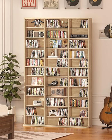 LELELINKY 11 Tier Tall Display Cabinet, Natural Media Storage Cabinet with Adjustable Shelves, Free Standing DVD Organizer Shelf, Multimedia Storage Manga Bookshelf for Living Room & Home Office.