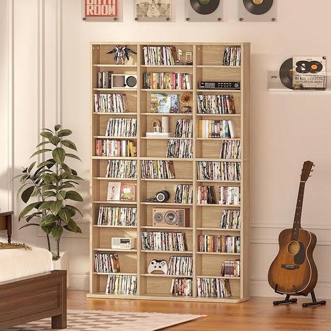 LELELINKY 11 Tier Tall Display Cabinet, Natural Media Storage Cabinet with Adjustable Shelves, Free Standing DVD Organizer Shelf, Multimedia Storage Manga Bookshelf for Living Room & Home Office.