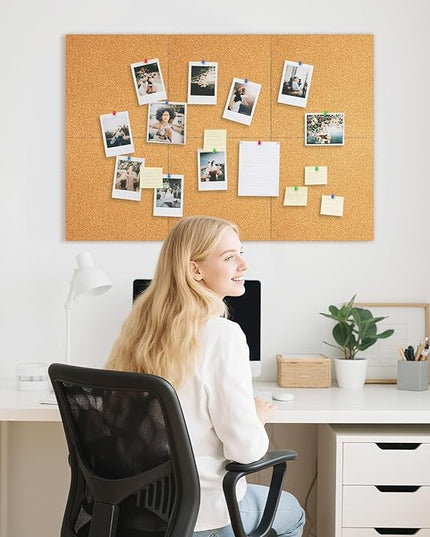 DOLLAR BOSS Cork Board Tiles, 6 Packs 12" x 12" 1/2" Thick Cork Bulletin Board Self Adhesive Corkboards for Walls with 60 Pushpins for Home Office Kitchen School Decor Display