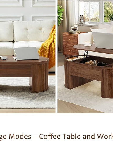 QHITTY Fluted Coffee Table with Lifting Top, Oval Wood Lift Top Coffee Table with Hidden Compartment, Mid Century Pull up Center Tables for Living Room, Office - Walnut