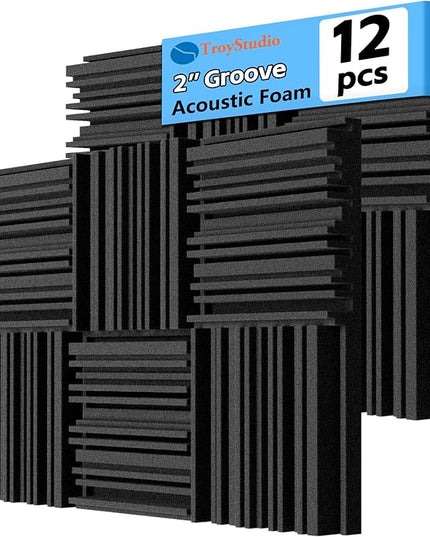 TroyStudio Thick Acoustic Foam Panels, 12 X 12 X 2 Inch 12 Pcs Broadband Sound Absorbing Foam, Dense Soundproof Padding Tile, Recording Studio Foam Absorber, Groove Decorative 3D Wall Ceiling Panel