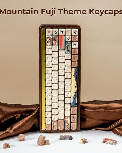 OHY XVX MOA Profile Japanese Fuji Mountain Theme PBT Keycaps Set, 140-Key Coffee & Cream Custom Keycaps for US Layout Mechanical Keyboards (Brown/Beige Design with Key Puller)