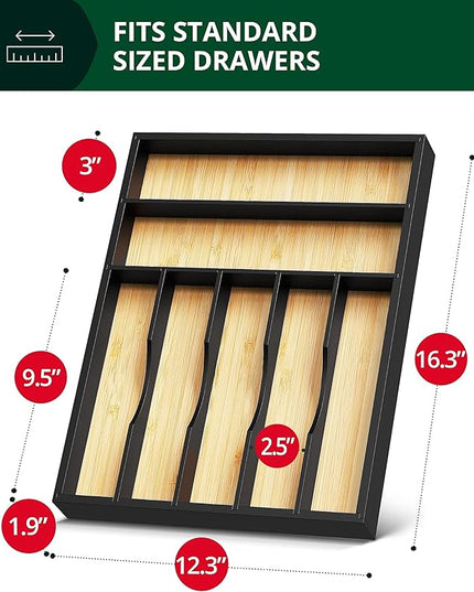 ROYAL CRAFT WOOD Luxury Bamboo Kitchen Drawer Organizer - Silverware Organizer - Utensil Holder and Cutlery Tray with Grooved Drawer Dividers for Flatware and Kitchen Utensils (7 Slot)