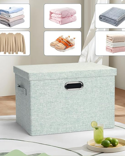 Large 17" 36 Quart Collapsible Stackable Storage Bins with Lids, 3 Packs Light Green Linen Fabric Closet Boxes with Lids, Storage Cube Baskets Container Organizers for Office (17x12x11)