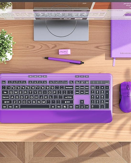 Wireless Keyboard and Mouse Set with Quiet Keys, 2.4G Full Size Purple Keyboard and Mouse with Wrist Rest, Protective Covers, Soft Touch Silent Design for Windows, Computer, PC and Laptop