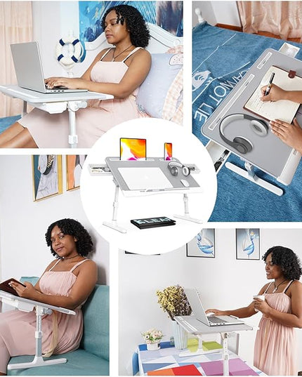 KLEAR Foldable Laptop Bed Tray Desk with Extral Drawstring Bag, Adjustable Bed Table with Heights and Angles, Lap Desk for Eating, Working, Writing, Gaming, Drawing with 2 Drawers(Grey)