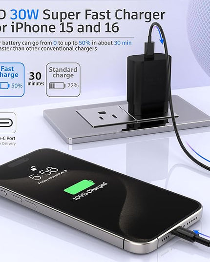 USB C Block 30W PD Super Fast Charging Block Type C Plug Wall Adapter Quick Charger for iPhone 17/17 Air/17 Pro/ 17 Pro Max/16/15/14/13/12/11/iPad/Mini/AirPod/Galaxy S25/S24/S23 (Black 1Pack)