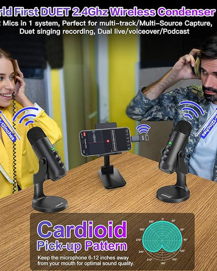 ZealSound Podcast Microphone, Podcast Equipment Bundle for iPhone PC iPad Android, Dual Wireless USB Mic 2.4GHz with Noise Reduction, Tap to Mute, Monitor Gain for Streaming, Recording, YouTube,TikTok