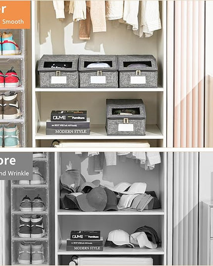 Linen Hat Organizer for Baseball Cap, Hat Storage for Closet with Clear Window, Breathable Fabric Cap Box for Snacks, Socks, Stackable Hat Storage Organizer for Men/Women(2 Pack,Grey)