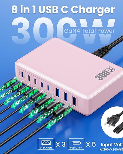 USB C Charger 300W USB C Charger Block, 8-Ports GaN IV Fast Charging Station Hub,PD 100W Laptop Charger Adapter,for MacBook Pro/Air/iPad/iPhone16/15/14/Apple Watch/DELL/Samsung for Home Office
