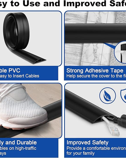 4ft Cord Hider Floor, Heavy Duty Cord Covers for Wires on Floor, Black Floor Cable Management, Hide Cord Cover Floor, Electrical Cable Hider Cord Protector Floor, Cable Cavity: 0.78" W x 0.32" H