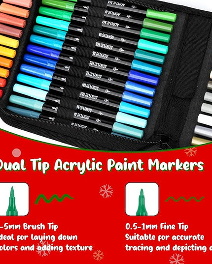 48 Colors Acrylic Paint Markers, Dual Tip with Fine Tip and Brush Tip Pens for Stone, Wood, Calligraphy, Canvas, Ceramic, Metal, Glass, Rock Painting, DIY Crafts Art Supplies Kit