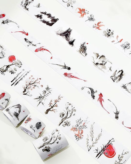 WT Ink Tranquility Washi Tape Sticker Set, 4 Rolls, Original Designs, Eastern Watercolor Koi Fish, Black & Red, Silver Foil Decorative Stickers for Bujo, Planner, Journals, DIY Crafts