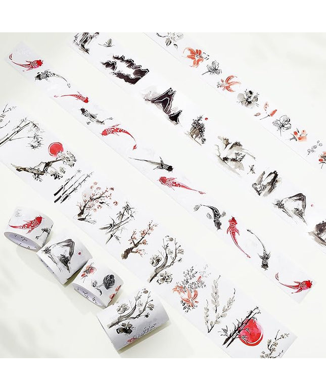 WT Ink Tranquility Washi Tape Sticker Set, 4 Rolls, Original Designs, Eastern Watercolor Koi Fish, Black & Red, Silver Foil Decorative Stickers for Bujo, Planner, Journals, DIY Crafts