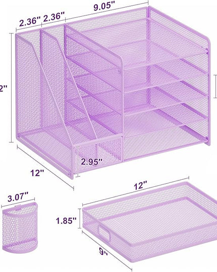 Marbrasse Desk Organizer with File Holder, 5-Tier Paper Letter Tray Organizer with Drawer and 2 Pen Holder, Mesh Desktop Organizer and Storage with Magazine Holder for Office Supplies(Purple)