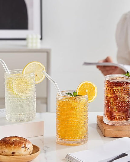 15 oz Clear Hobnail Drinking Glasses with Straws Set of 6, Vintage Glassware Old Fashioned Beverage Glasses, Cocktail Drinking Glassware Set, Kitchen Water Glasses Cup, for Beer, Smoothie, Juice