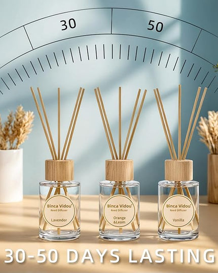 Reed Diffuser Set, Binca Vidou Lavender Vanilla Orange & Lemon Natural Scent Oil Diffusers with Sticks for Home Office Bathroom Aromatherapy Decor 2.7oz x 3