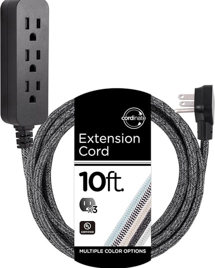 Cordinate 3 Outlet Power Strip Surge Protector Indoor Extension Cord 16 Gauge 245 Joules 10 Ft 3 Prong Braided Extension Cords Flat Extension Cord ETL Listed Gray 43013