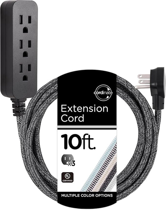 Cordinate 3 Outlet Power Strip Surge Protector Indoor Extension Cord 16 Gauge 245 Joules 10 Ft 3 Prong Braided Extension Cords Flat Extension Cord ETL Listed Gray 43013