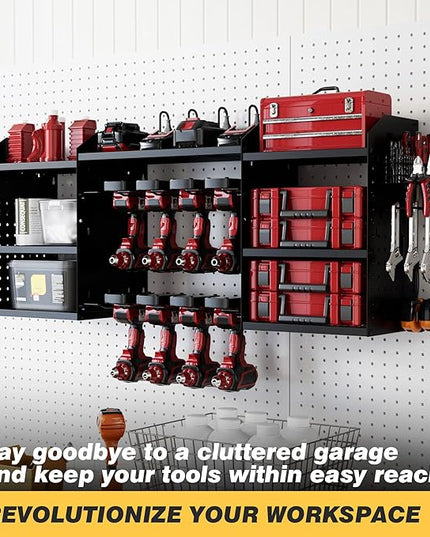 Power Tool Organizer Wall Mount with Charging Station, Heavy-Duty Metal Garage Tool Storage Rack & 8 Outlet Power Strip, 51 Inch 3 Tier 8 Bin Shelves for Workshop Organization
