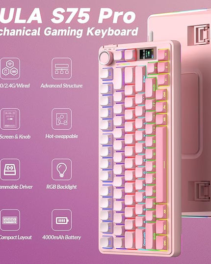 AULA S75 PRO Wireless Mechanical Keyboard with Screen&Knob, Tri-Mode Hot Swappable Gaming Keyboard 75%, Pre-lubed Switches, RGB Backlit, Side Printed PBT Keycaps, Creamy Sounding Pink Keyboards