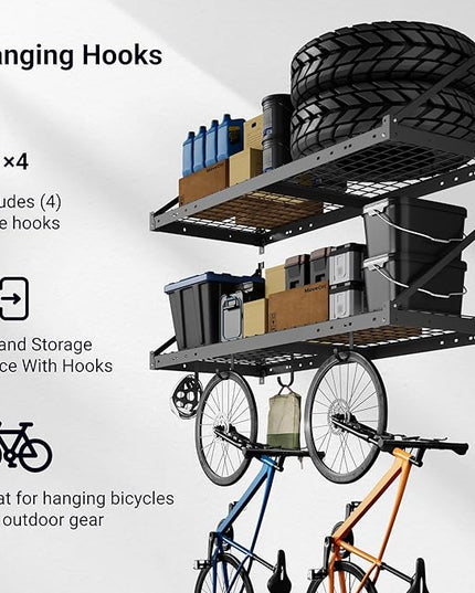 FLEXIMOUNTS 2-Pack 2x4ft Garage Wall Shelving with 4 Hooks - Heavy Duty Garage Storage System, 660 lbs Load Capacity with Brace Guardrail, Wall Mounted Organization for Bikes, Tools, Bins, Pro Series