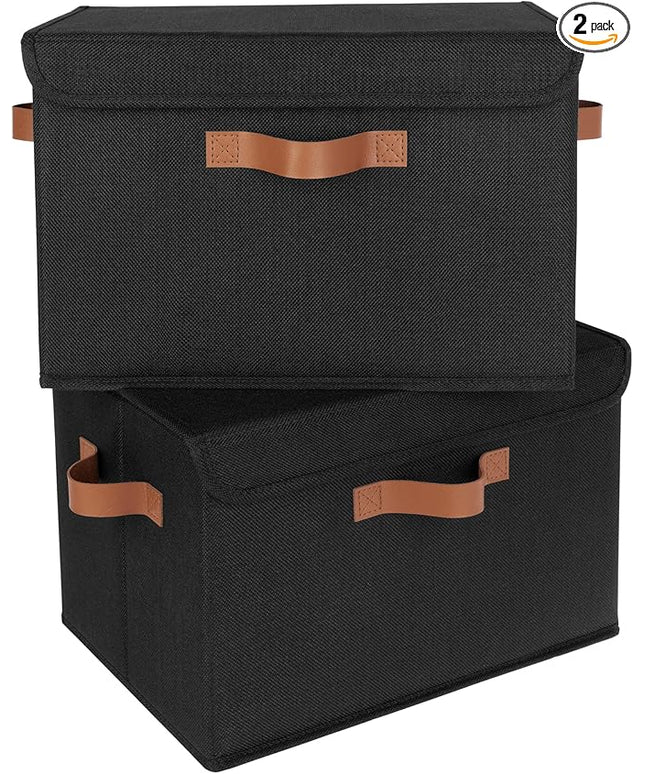 GRANNY SAYS Storage Bins with Lids, Decorative Storage Boxes with PU Handles, Black Storage Bin, Linen Closet Organizer, Shelf Baskets, Fabric Storage Bins for Clothes