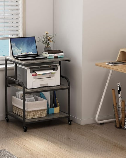 Large Printer Stand Table 23.6 x18.9 x 30 Inches with Height Adjustable Storage Shelf, 3 Tier Rolling Printer Cart with Wheels for Home Office, Gray
