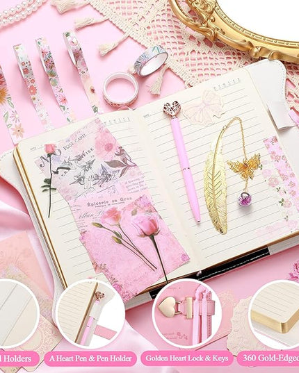 Janlaugh DIY Journal Diary with Lock Set Scrapbook Kit Stationary Diary Supplies Art Crafts Kit for Birthday Holidays Ideal Gifts for Women Teen Girls(Pink,Classic)