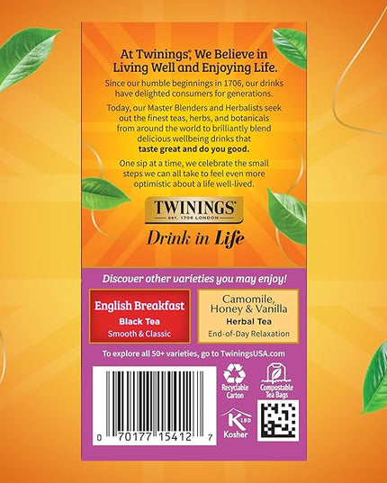Twinings Darjeeling Black Tea Individually Wrapped Bags, 20 Count (Pack of 6), Delicate Light Taste, Caffeinated, Enjoy Hot or Iced, 120 Teabags