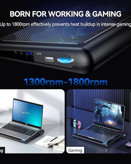 TECKNET Laptop Cooling Pad - 12"-15.6" Laptop Cooler, Powerful Cooler and Ultra Quiet for Gaming Laptops Pad, 2 Wind Speed Adjustable, USB A & C Powered Cooler Stand with Laptops Fan LED (Blue)
