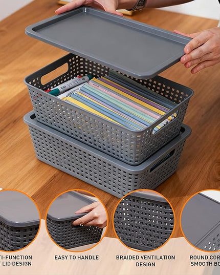 Plastic Storage Baskets With Lid, Storage Bins for Organizing, Stackable Decorative Containers for Shelves Drawers Desktop Closet Playroom Classroom Office, 8 Pack-Grey