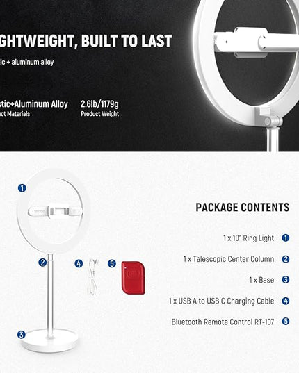 NEEWER Entry Level Version 10" 7W LED Selfie Ring Light with Desk Stand/Phone Holder/3 Modes, CRI85+ 3000mAh Rechargeable Video Conference Lighting for iPhone Streaming Video Recording Makeup, N17